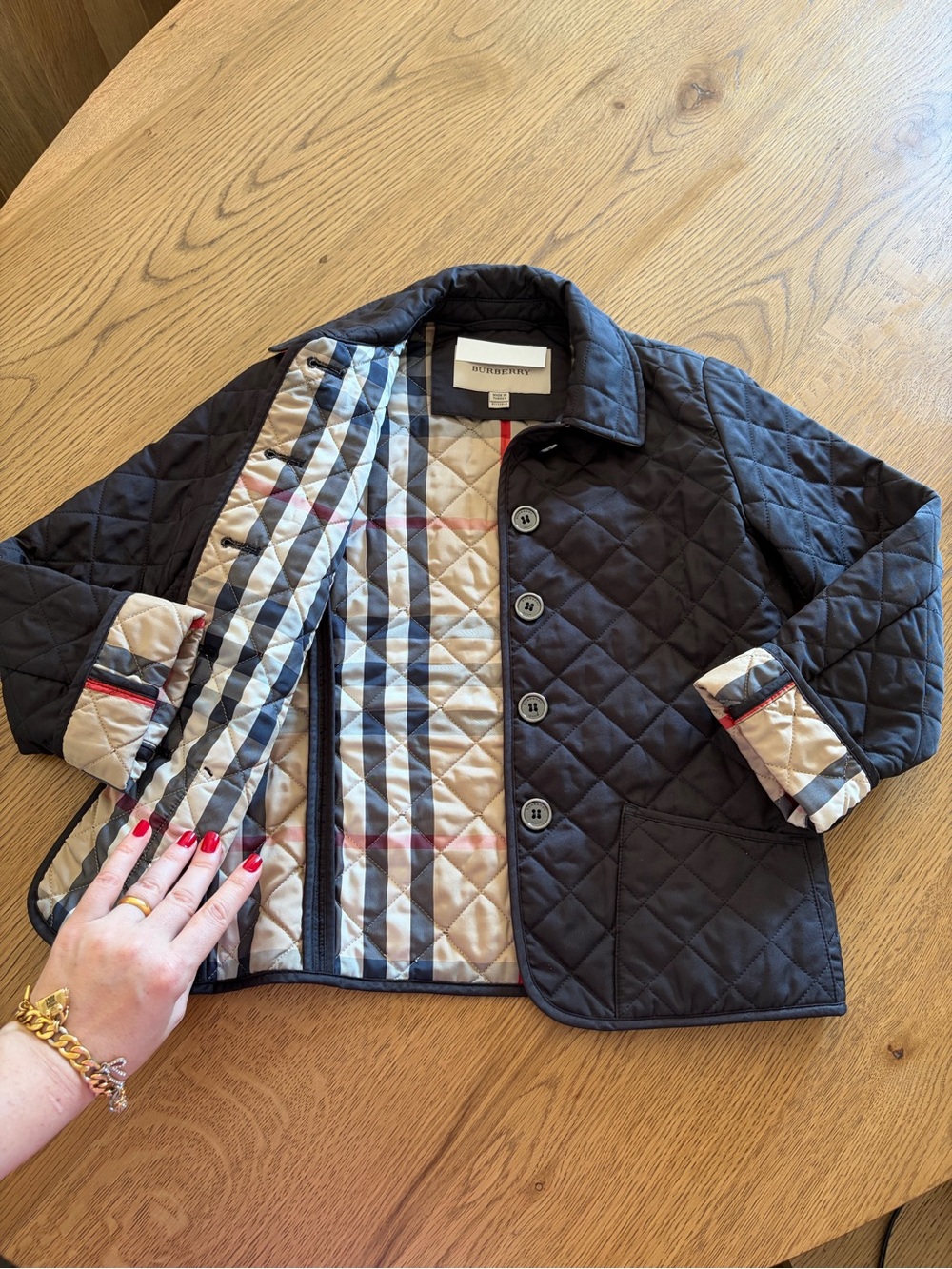 Authentic Burberry Jacket Girls Quilted Black Nova Check Coat Children 7-8 Years